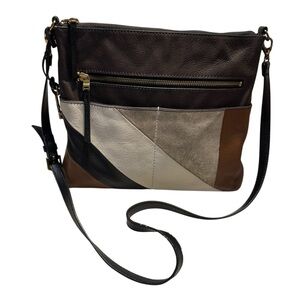 Fossil Fiona Leather Patchwork Crossbody Bag Brown Black Champagne Colorblock
